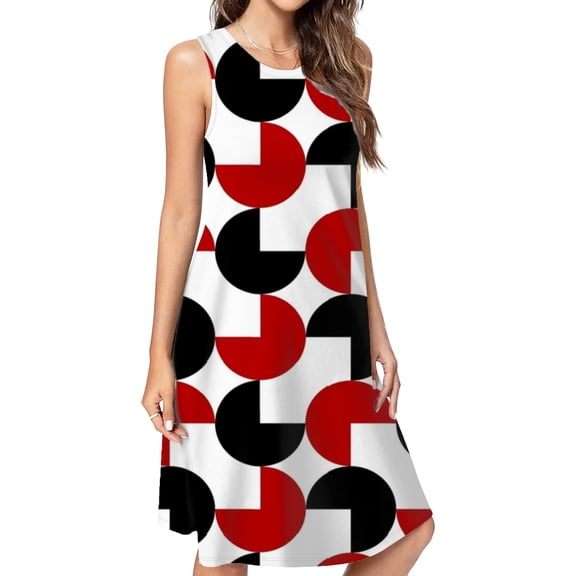 Geometric Retro Style Black Red White Spring Summer Dresses For Women Fashion Dress Casual Sleeveless Loose Sundress With Pockets