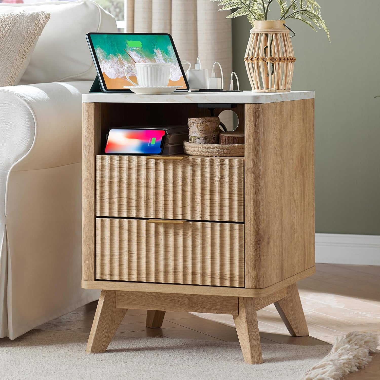 OKD Fluted Nightstand Set of 2 with Charging Station, Modern Side Table with Faux Marble Top, 2 Drawers End Table w/Storage, Bedside Table for Bedroom, Living Room, Natural Oak
