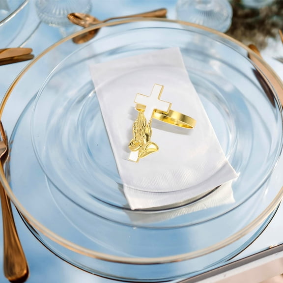 ROMANSENTIAL 4Pcs Golden Metal Cross Napkin Ring Set Decorative Serviette Holder for Events