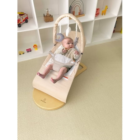 Avenlur Fir Baby Bouncer - Wooden Ergonomic Infant Rocker with Play Arch & Hanging Toys, Foldable Portable Design for Newborns & Toddlers, Soft & Safe Fabric for Sensory Development, Easy to Clean