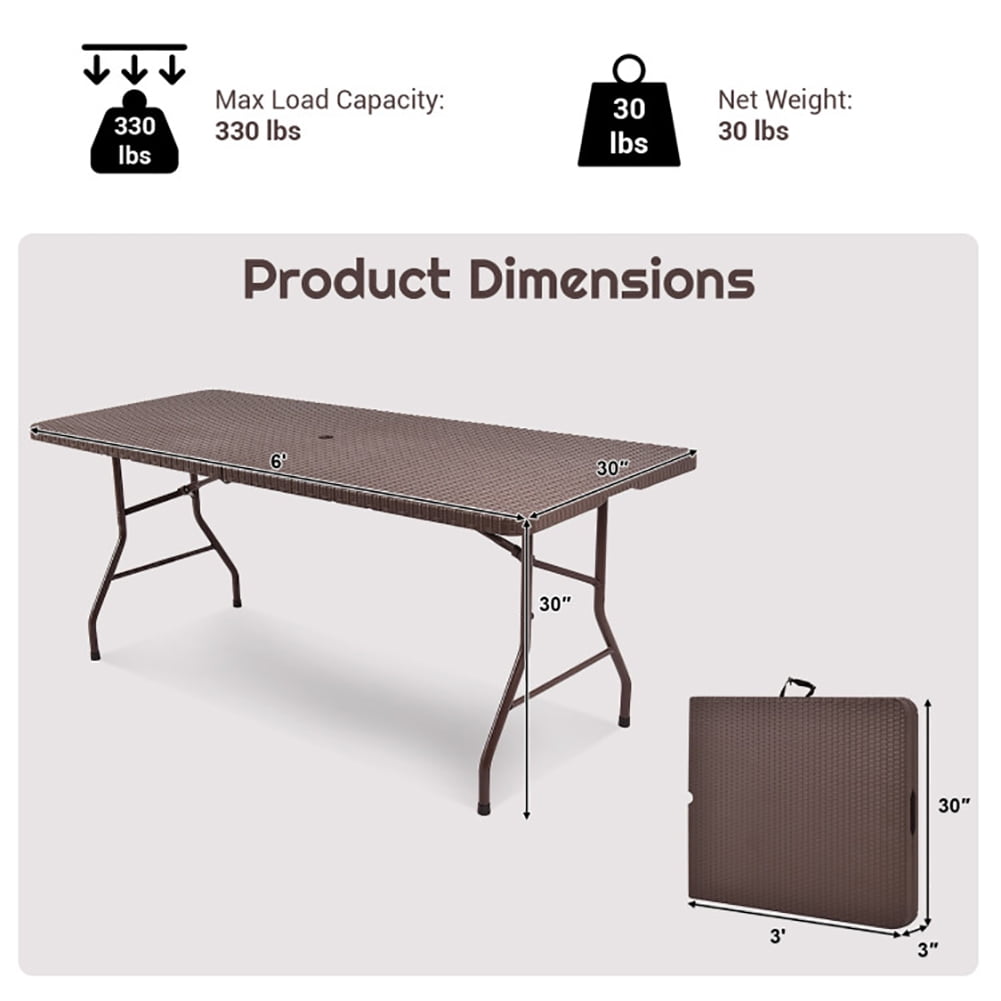 Aimee Lii 6 Feet Folding Portable Rattan Table with Carrying Handle, Outdoor Patio Furniture