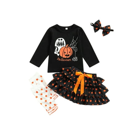 

ZIYIXIN 4Pcs Toddler Baby Girls Halloween Outfits Ghost Pumpkin Print T-Shirt Tops+Dot Tutu Dress+Leg Warmers+ Headband Set Black 3-4 Years
