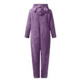 thumbnail image 4 of Girls Fuzzy Pajamas Onsie Bear Ear Hooded Jumpsuits Faux Fleece Front Zip Romper Playsuit Winter Sleep Homewear (9 Years, Purple), 4 of 5