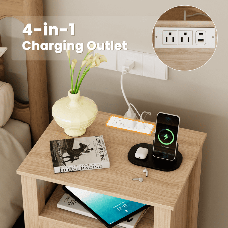 Homall 1 Piece Rattan Nightstand with 2 Drawers, Bedside Table End Table with Charging Station for Bedroom Living Room, Beige