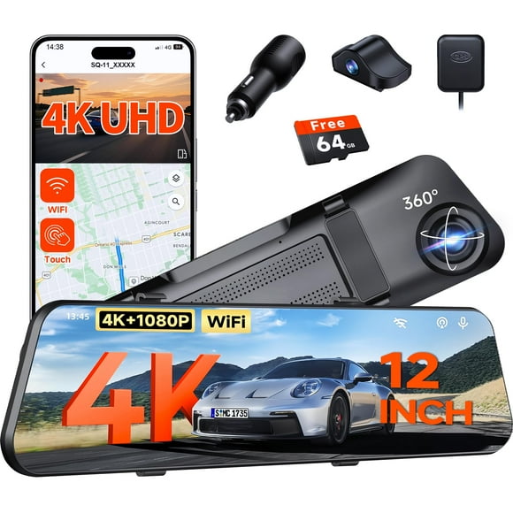 Cámara de tablero Hufdic 12" 4K espejo con GPS WiFi 64GB