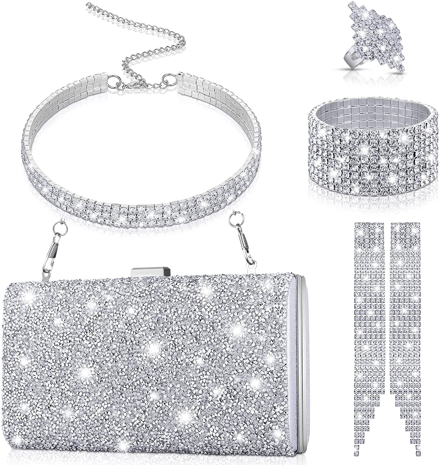4 Pcs Bling Clutch Purse Rhinestone Jewelry Set Women Evening Bag Accessories Evening Bags for Women, Crystal Clutch Purse with Rhinestone  main image 3