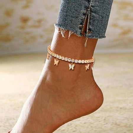 

letter Anklets Initial For Women Girl Layered for a trendy look Monogram Pendant GiftRhinestone Butterfly Feet Chain Women s Popular Light New Shiny Footwear