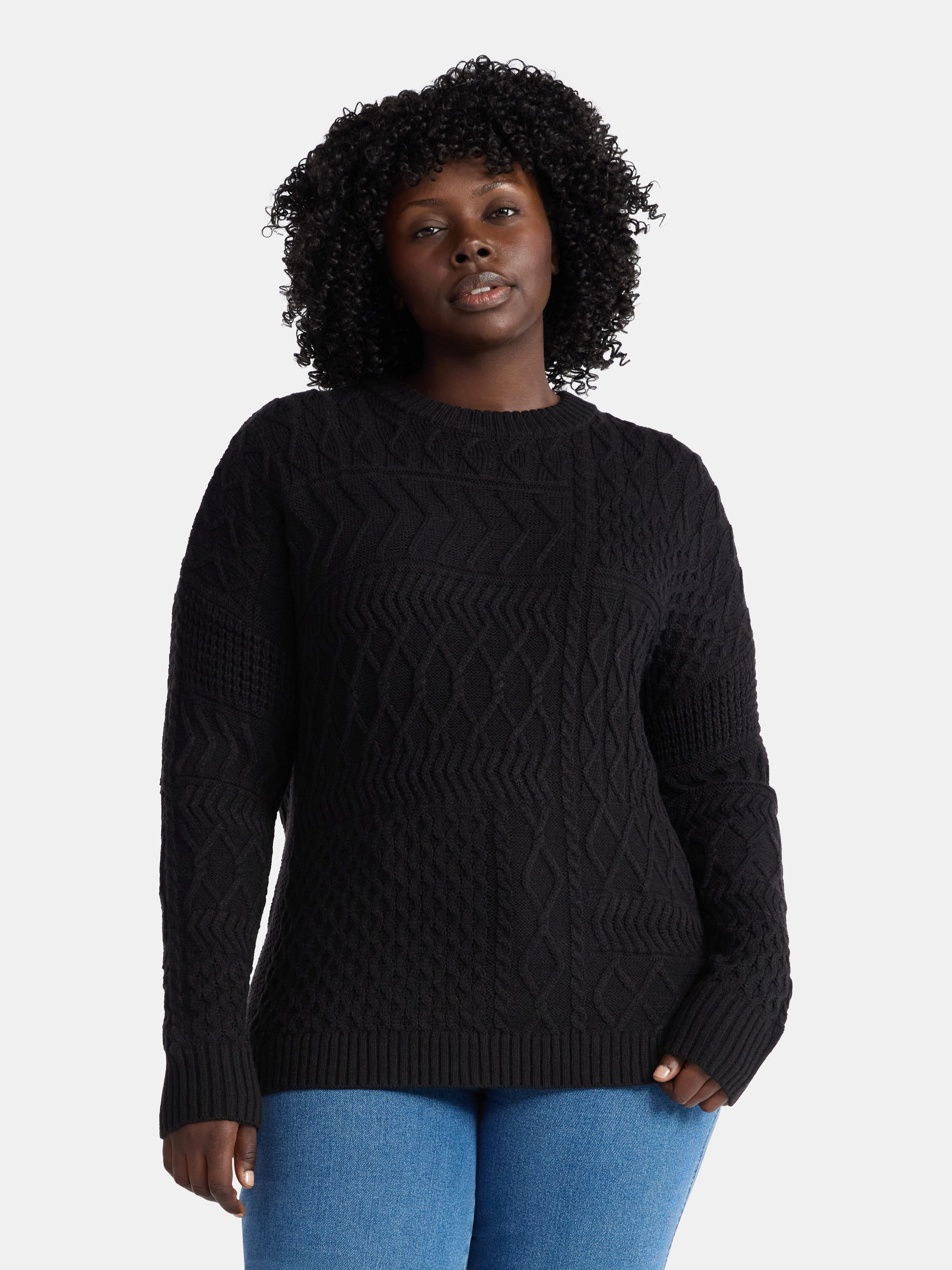 Time and Tru Women’s and Women’s Plus Mixed Stitch Sweater, Midweight, Sizes XS-4X