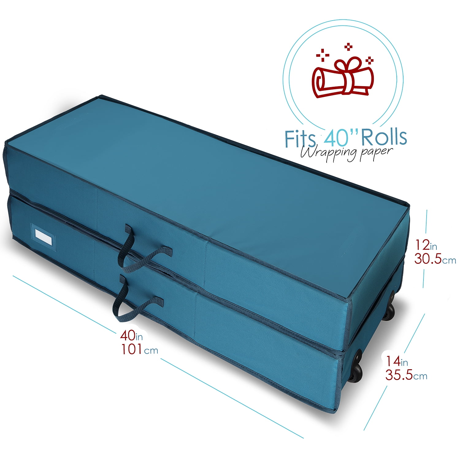 Hearth & Harbor Christmas Wrapping Paper Storage with Extra Christmas Storage Bins and Ribbon Storage Organizer, Gift Wrap Organizer with Wheels - Fits Up to 30 Rolls of 40", Blue