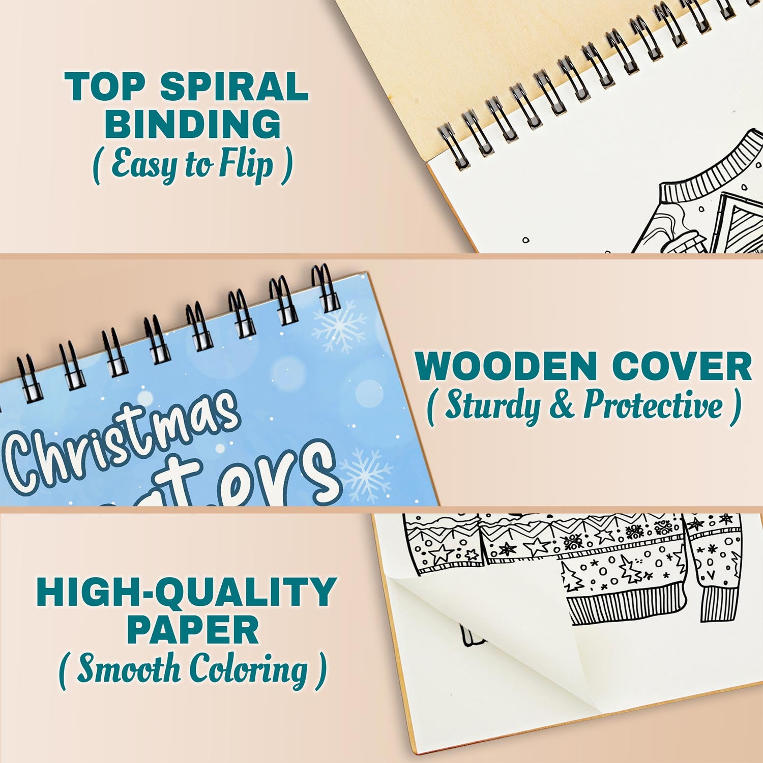 Netecom Christmas Sweaters Coloring Book Spiral Bound for Adults, A5 Wooden Cover, 30 Large Print Coloring Pages of Holiday Sweatshirt for Stress Relief and Relaxation