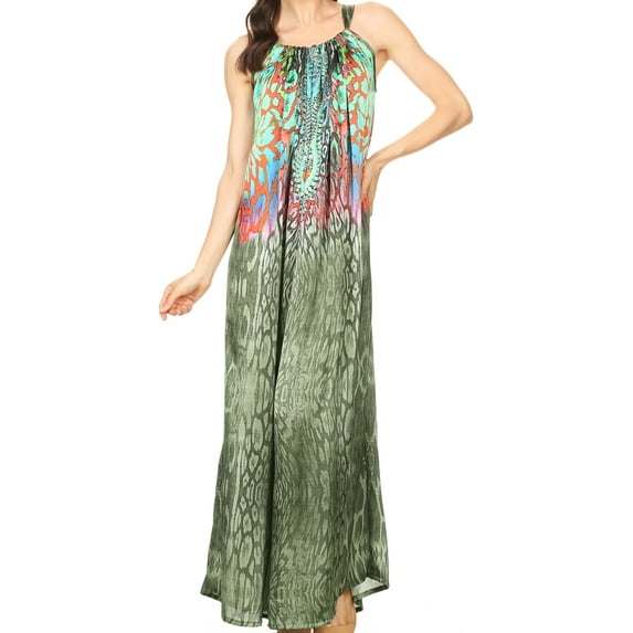 Sakkas Calypso Long Adjustable Column Dress with Animal Print and Rhinestones - Green - One Size Regular