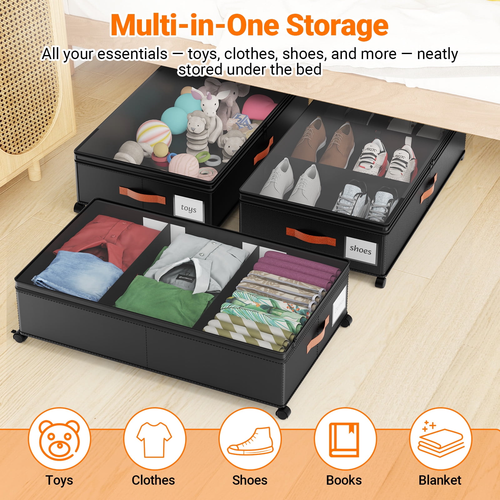 LIZEVINC 2-Pack Large Under Bed Storage with Wheels and Lids – Adjustable Height Rolling Storage Bins with Dividers, Space-Saving Underbed Organizer for Clothes, Shoes, Blankets（Black）