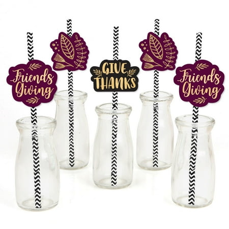 Elegant Straw - Elegant Thankful for Friends - Paper Straw Decor - Friendsgiving Thanksgiving Party Striped Decorative Straws -Set of 24