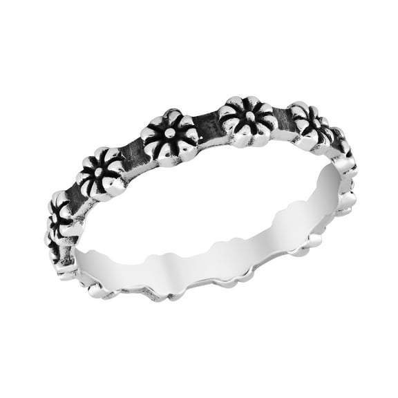 Blooming Little Daisy Flowers All Around Sterling Silver Band Ring-9