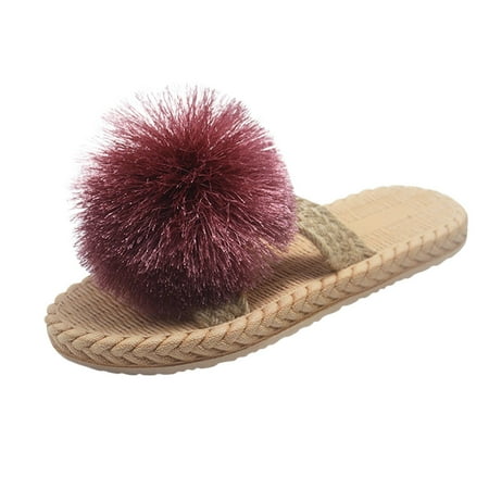 

ZTTD Spring And Summer Imitation Straw Woven Women Flat Sandals And Flip Flops Fringe Ball Beach Slippers Women s Slipper A