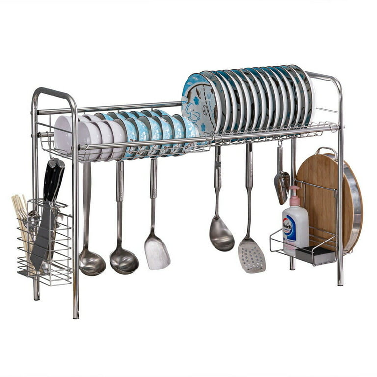 IM Beauty Wall Mounted Dish Drying Rack, Stainless Steel Hanging Dish  Drainer with Cutlery Holder, Drainboard and Hooks, Fruit Vegetable Kitchen  Supplies Plates Bowls Cups Storage Shelf 