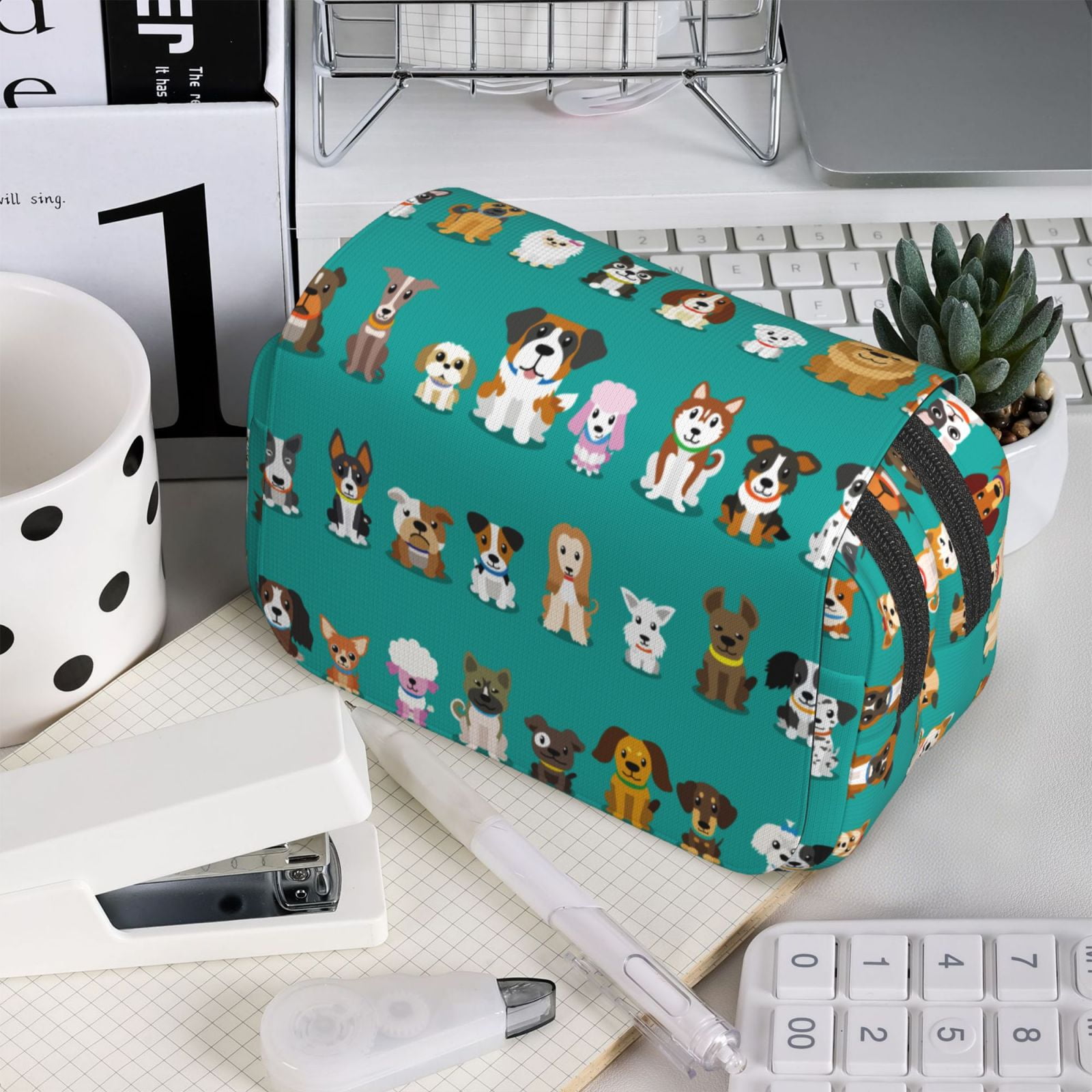 Rateoe Cartoon Dogs Pattern Double Clamshell Pen Case, Storage Organizer with Two Zipper Compartments– Holds Up to 50 Pencils & Pens
