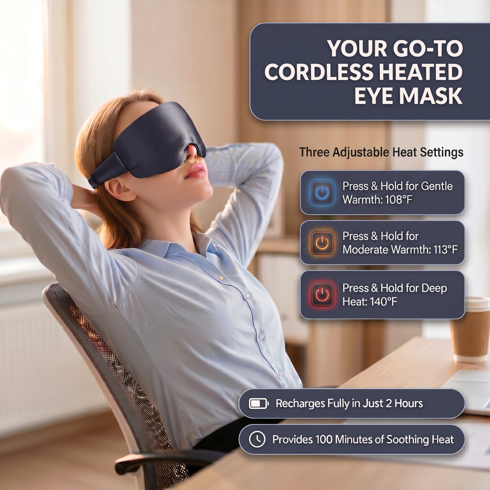 FACEMOON Rechargeable Silk Heated Eye Mask for Dry Eyes Comfort Warm Compress Sleep Aid Washable Blue