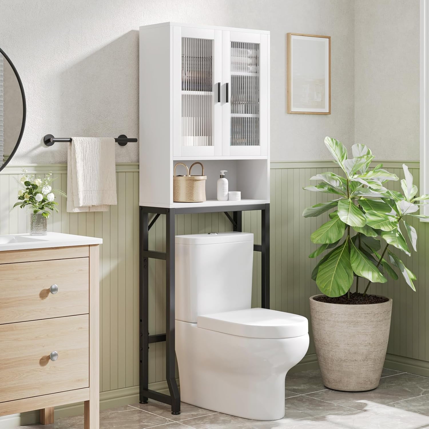 Fil-fresh Over The Toilet Storage Cabinet, Bathroom Organizer with Tempered Glass Doors, Thicken Metal Stand & MDF Wood, Freestanding Space Saver, White