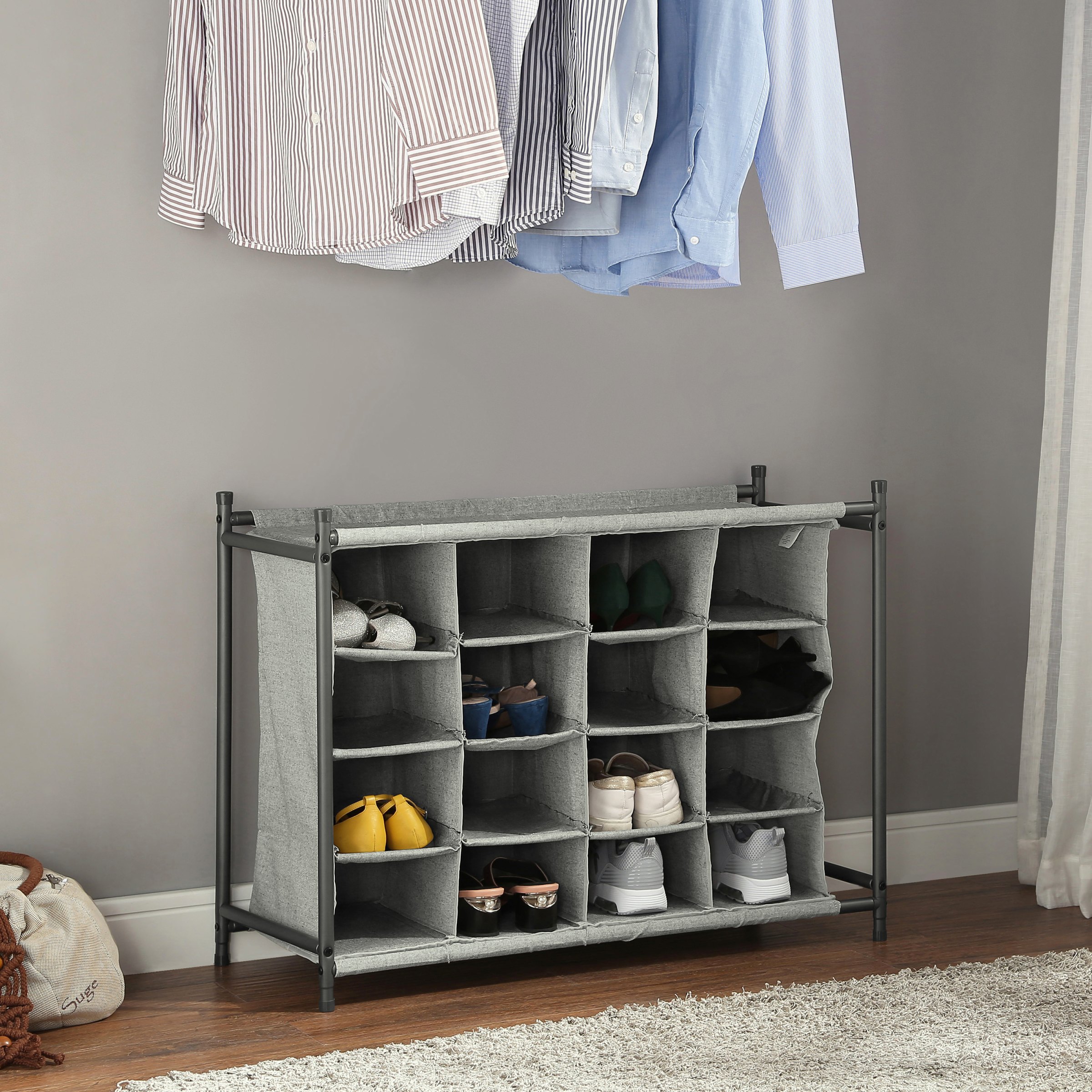 Better Homes Gardens 4 Tier Charleston 16 Pairs Shoe Organizer 32.5 IN W x13.5 IN D x 25 IN H Gray Walmart