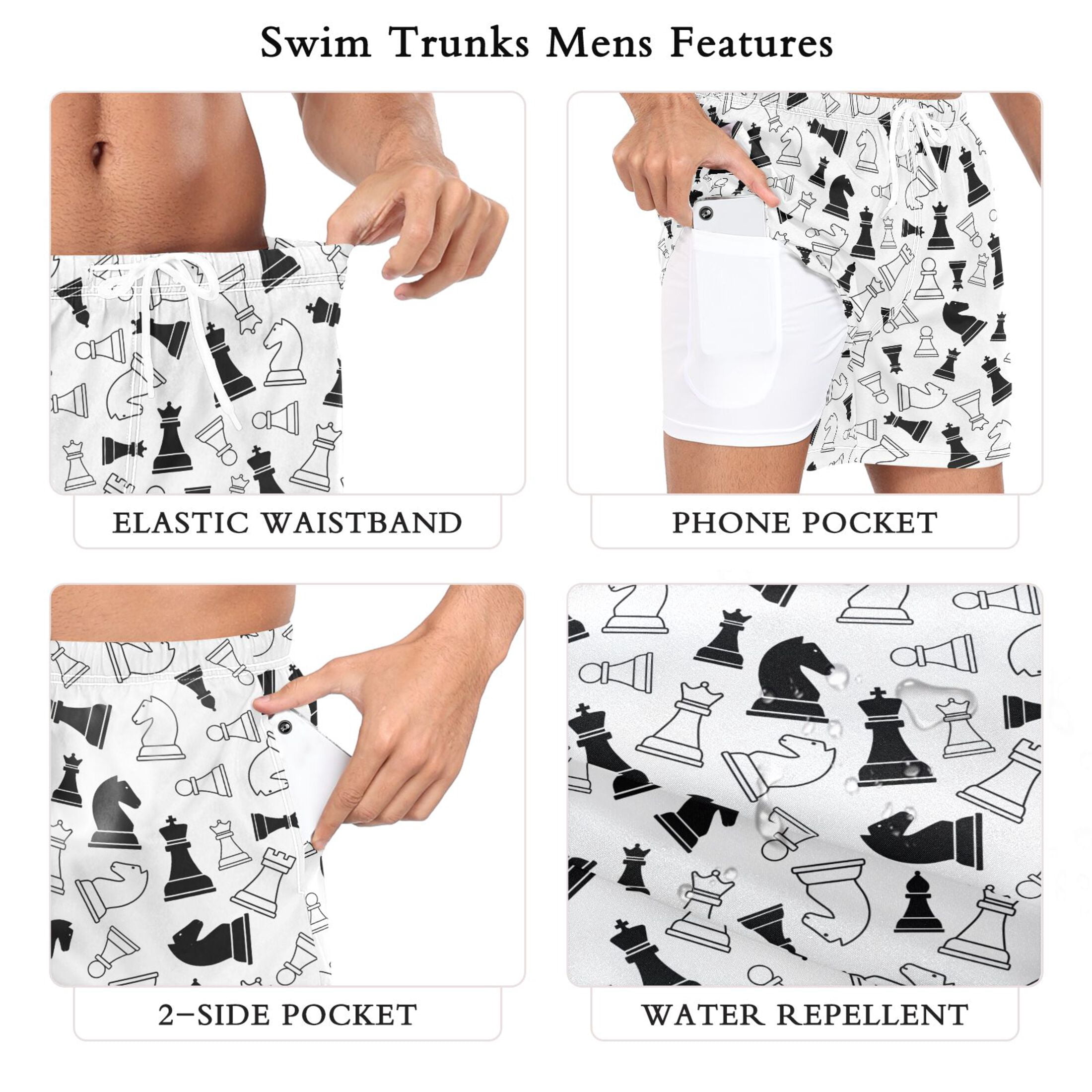 joogoo Men's Retro Chess Swim Trunks with Liner Pocket Beach Shorts S