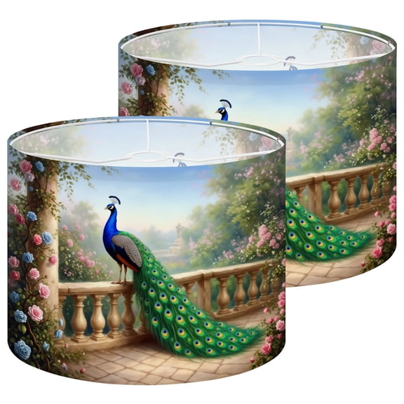 Chinoiserie Lampshades 2 Pack Peacock Long Iridescent Tail Feathers Standing Garden Balcony Romantic 13"x13"x10" Light Shade for Table Lamps Floor Lamp Shades Lampshade Replacement Easy Assembly