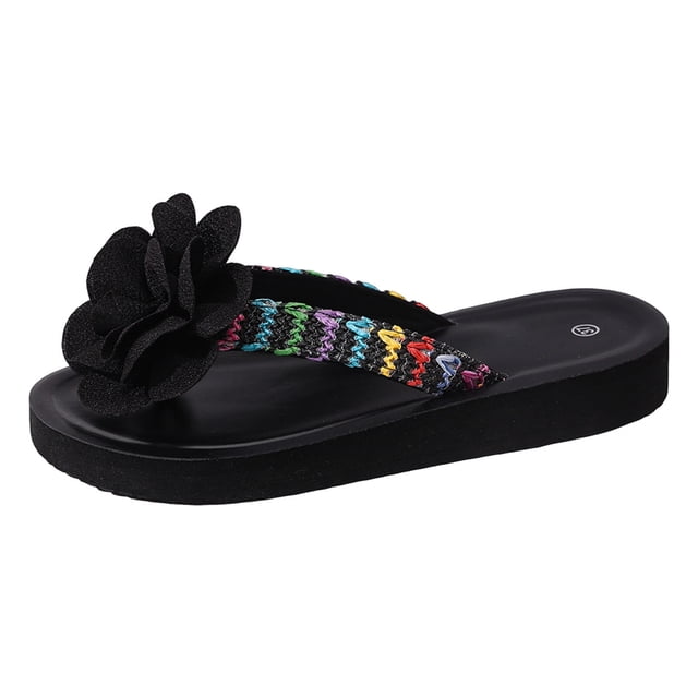DAFEI Women's Slip Flip Flop Sandals with Floral Decorations Flat Soft Soles and Color Block Lightweight Design