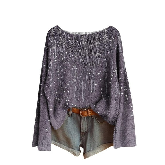 Oksale Womens Floral Print Knit Sweaters Casual Crewneck Cotton Sweater Loose Long Sleeve Jumpers Slouchy Pullover Fall Tops Dark Gray S