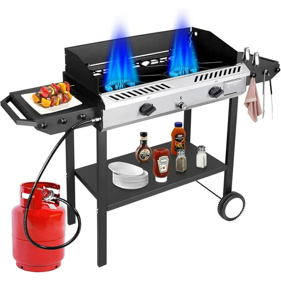 2 Burner Propane Stove Outdoor Camping Gas Stoves 150,000 BTU Auto Ignition with Regulator and Side Shelves Perfect for Patio Home Cooking and Frying