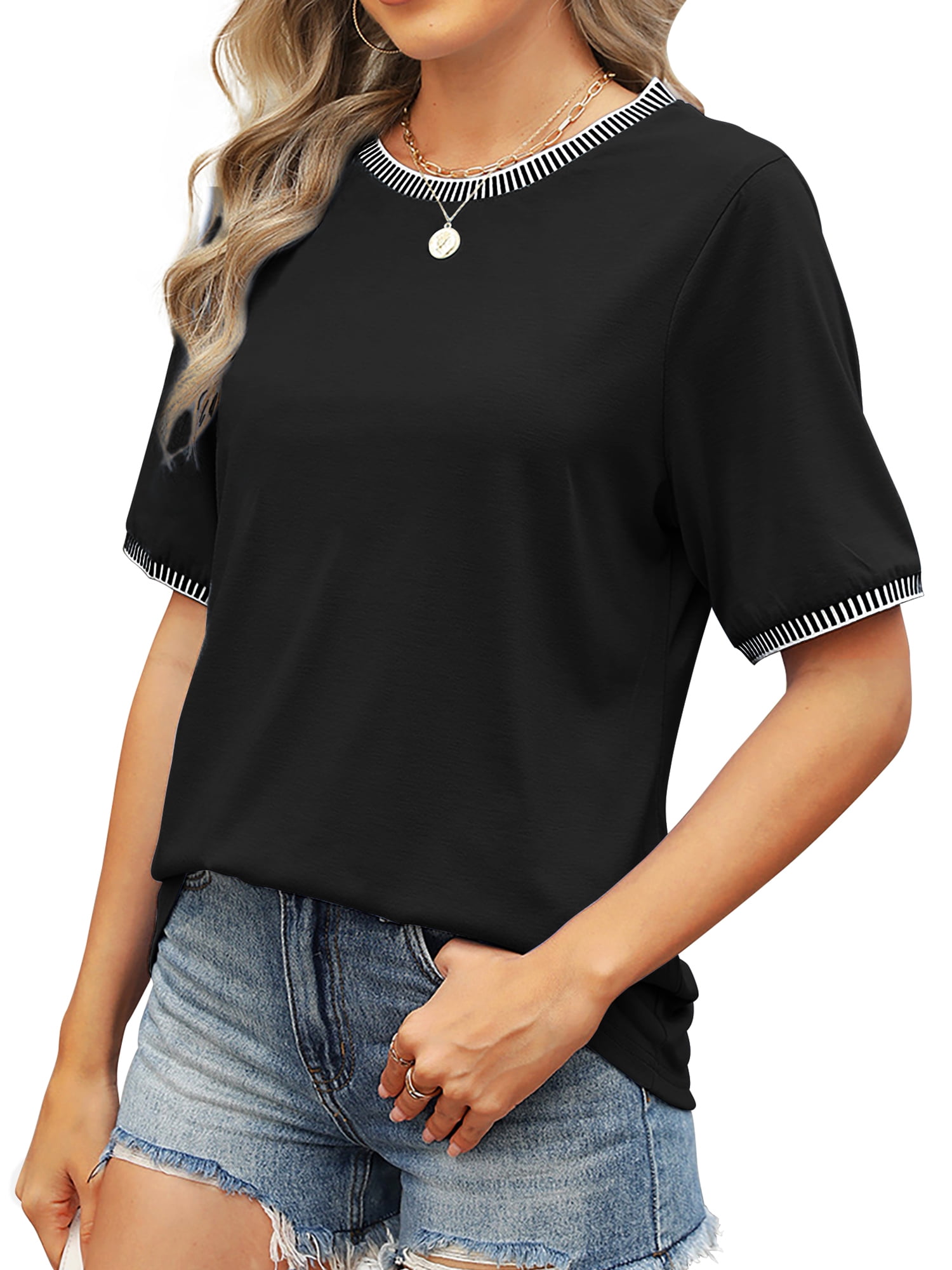 MOSHU Dressy Women Tops Crewneck Blouses for Women Striped Colorblock Short Sleeve Shirts Casual Summer Tops