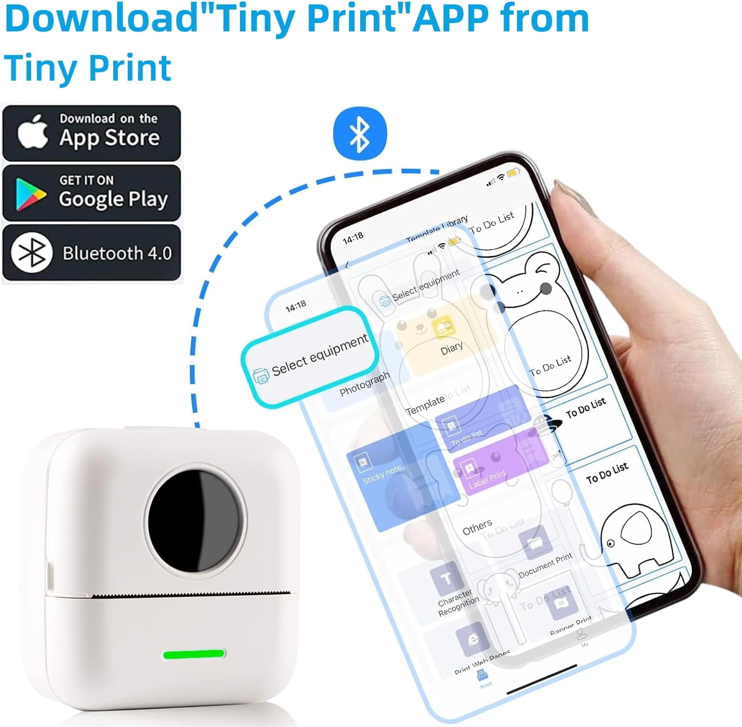 Mini Sticker Printer, Bluetooth Inkless Thermal Printer with 5 Rolls Thermal Paper, Thermal Image Photo Printers for Photo Journal Notes, Compatible with iOS and Android, Printer for Pictures, DIY, L