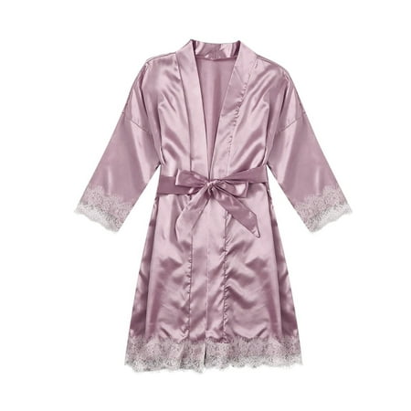 

DNDKILG Long Sleeve Bathrobe Short Robes Bridesmaid Robe for Women Kimono Satin Lace Loungewear Sleepwear Plus Size Silky Bride Party Pink 2XL