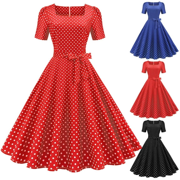 Aboser Women's Vintage Polka Dot 1950s Dresses Retro Rockabilly Prom Dress 50's 60's A-Line Cocktail Party Swing Dress Elegant Square Neck Short Sleeve Midi Dresses