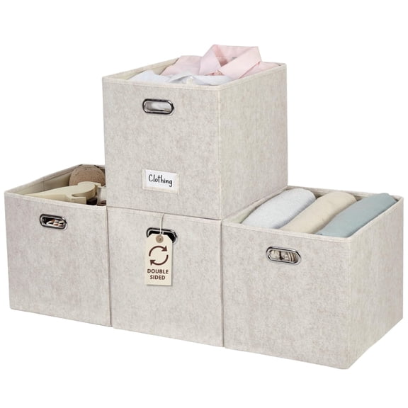 DECOMOMO Large Felt Cube Storage Bin | Fabric Storage Bin | Organizing Cubes (Beige, Set of 4)