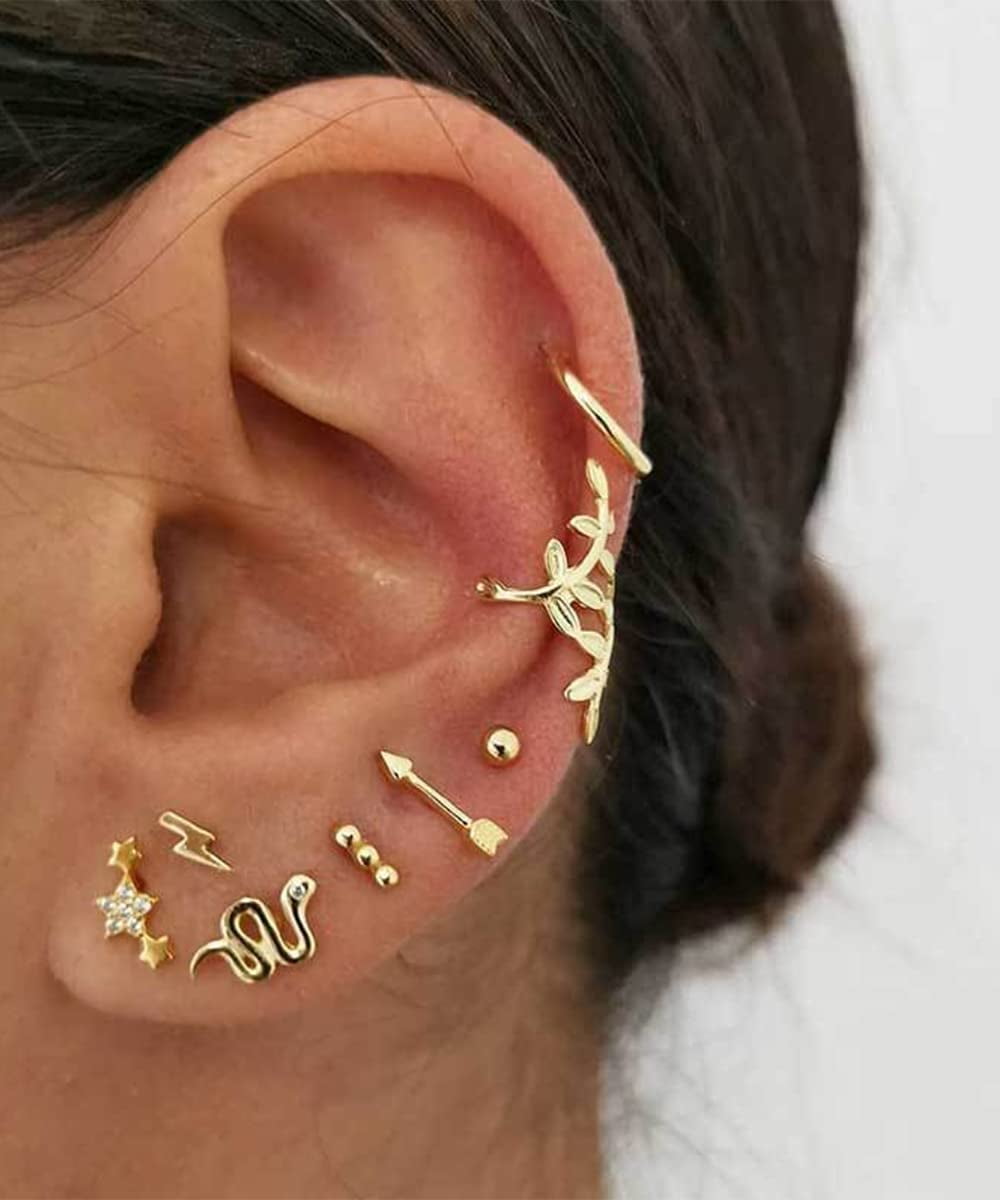 8pcs Gold Plated Stainless Steel Round Ear Studs With Loop Earrings Accessorie