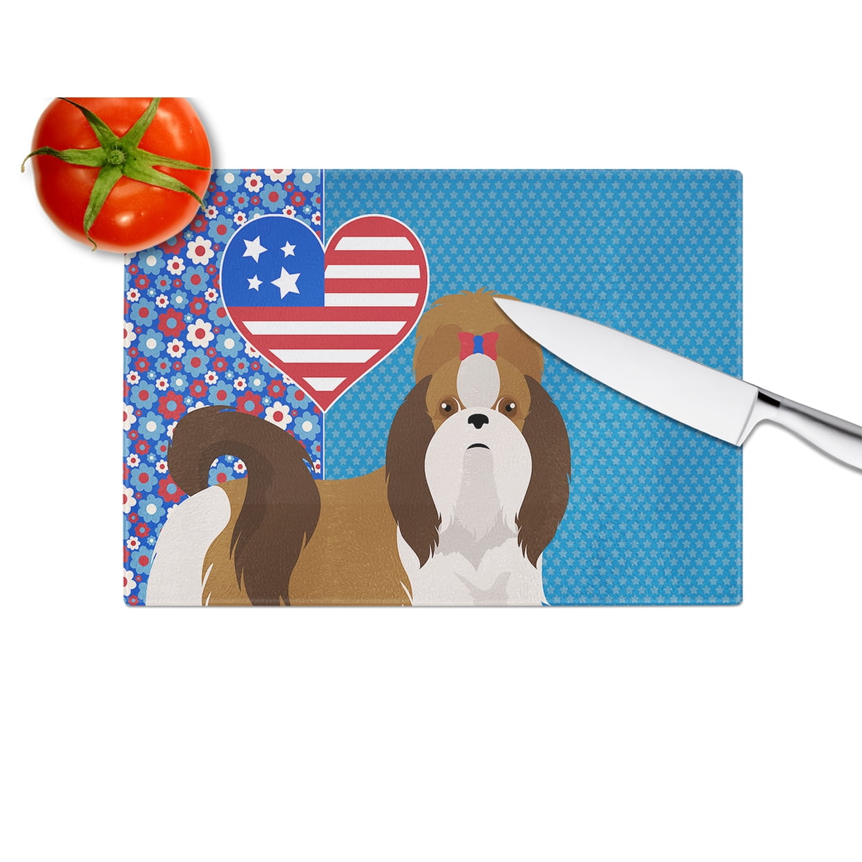 Red and White Shih Tzu Glass Cutting Board Large 12 in x 15 in