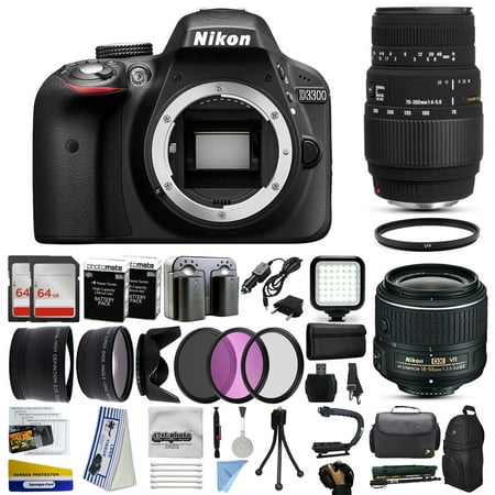 Nikon D3300 DSLR Digital Camera with 18-55mm VR II + Sigma 70-300mm Lens + SanDisk 128GB Memory + 2 Batteries + Charger + LED Video Light + Backpack + Case + Filters + Auxiliary Lenses