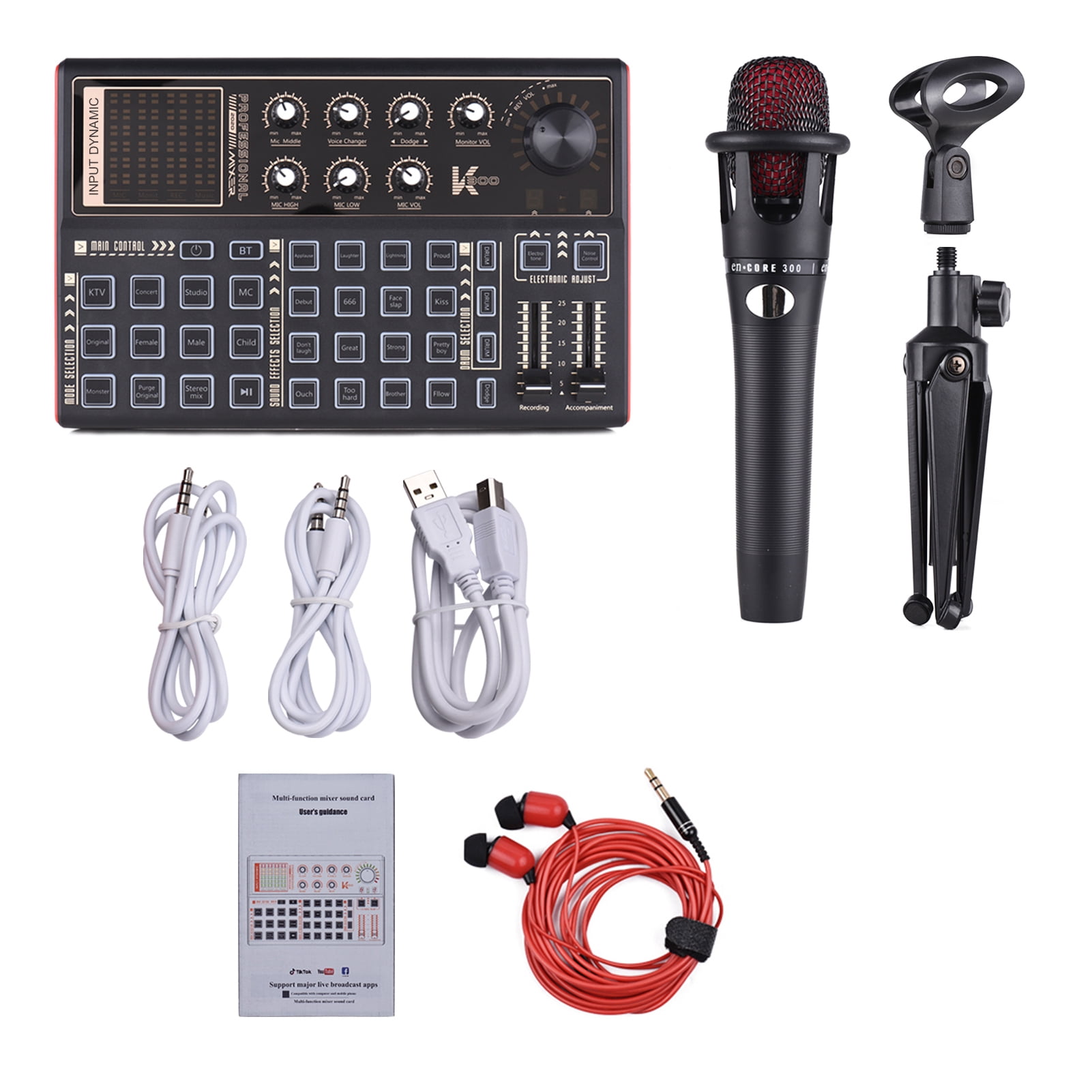SK300 Live Audio Mixer Sound Card Kit with Voice Changer - Includes Microphone, Mic Stand, and Earphone, Built-in Rechargeable Battery, Multiple Sound Effects for Live Streaming and Music Recording