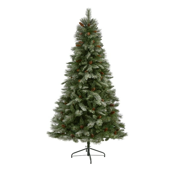 Nearly Natural 7ft. Snowed French Alps Mountain Pine Artificial Christmas Tree with 833 Bendable Branches and Pine Cones