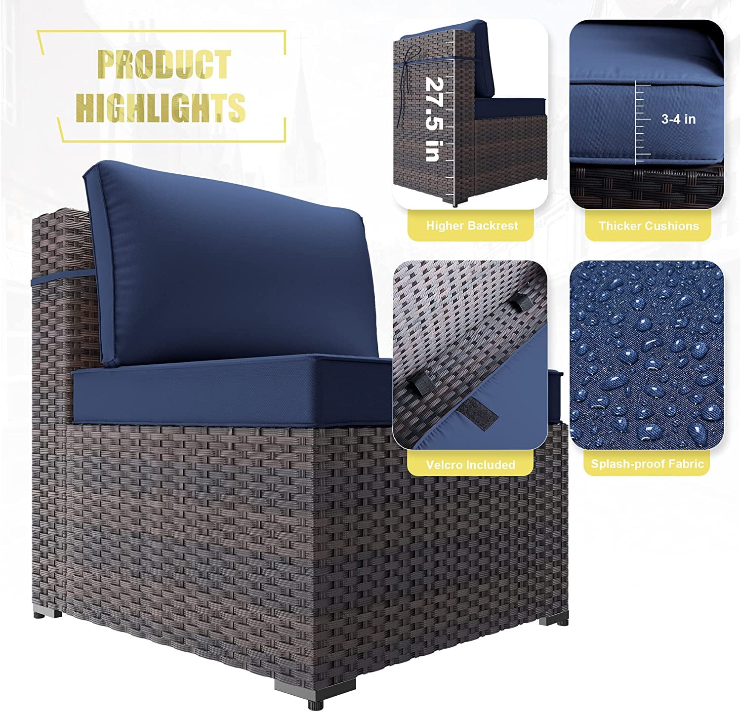 Gotland 15 Pieces Outdoor Patio Furniture Set with Propane Fire Pit Table Outdoor Sectional Sofa Sets Patio Furniture 43" Gas Fire Pit PE Rattan Patio Conversation Set (Navy Blue)