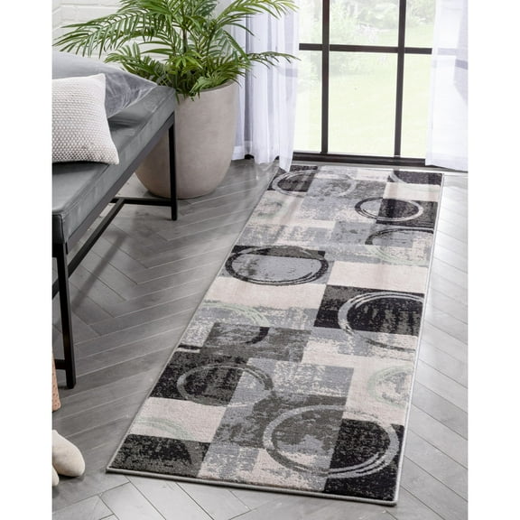 Well Woven Shay Grey & Green Boxes & Circles Geometric Runner Rug 2x7 (2'3" x 7'3")