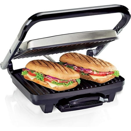 

Panini Press Sandwich Maker & Electric Indoor Grill Upright Storage Nonstick Easy Clean Grids Stainless Steel (25410)