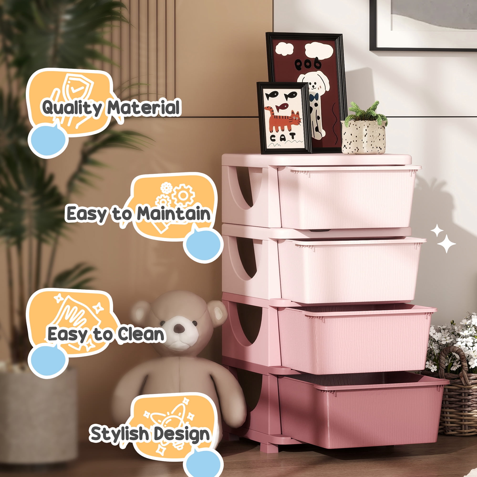 Qaba 4 Tier Kids Storage Unit Dresser Tower with Drawers Chest Toy Organizer for Bedroom Nursery Kindergarten Living Room for Boys Girls, Pink