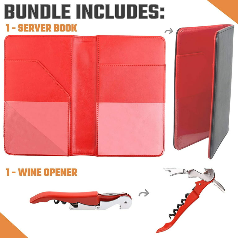 Waitress Server Book Wallet Organizer - Red -Bundled with Wine Opener -  Waiter Pad for Restaurant Waitstaff - Fits Apron and Holds Receipts Money  Guest Check Pen Cards 