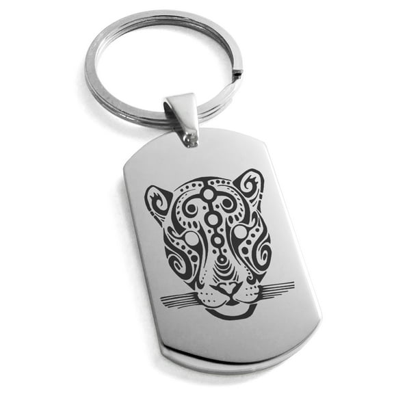 Stainless Steel Mayan Jaguar Rune Engraved Dog Tag Keychain Keyring