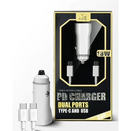 2-IN-1 18W Fast Type C Dual USB Ports Car Charger+Type C to Type C Cable for Xiaomi Redmi Note 11  11S  11i  11T 5G  11 4G  Poco M4 Pro 5G Note 11 Pro+  11 Pro (White)