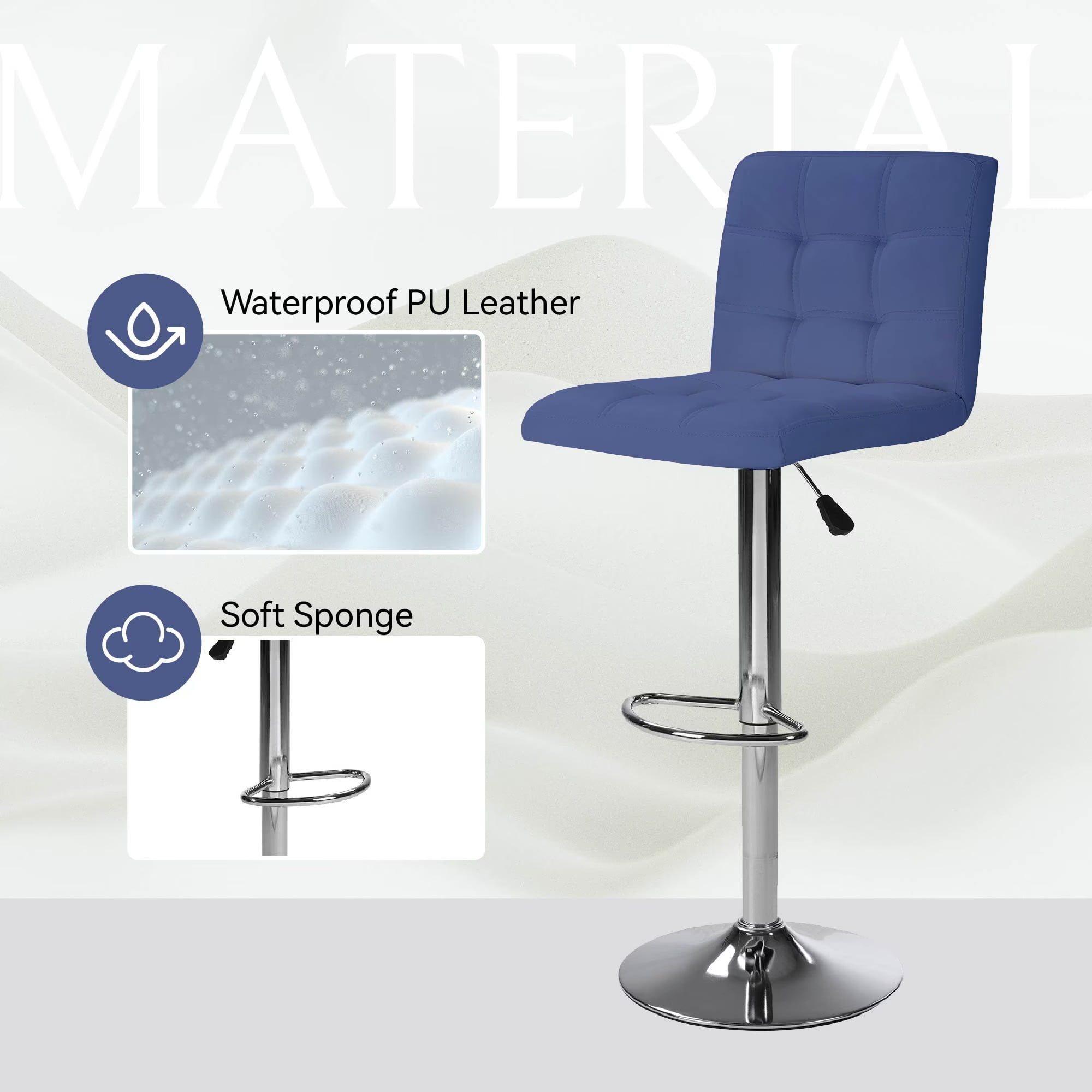 Aukfa Bar Stools Set of 2, Counter Height Adjustable PU Leather Swivel Bar Chairs with Back and Footrest for Kitchen and Dining Room, Blue