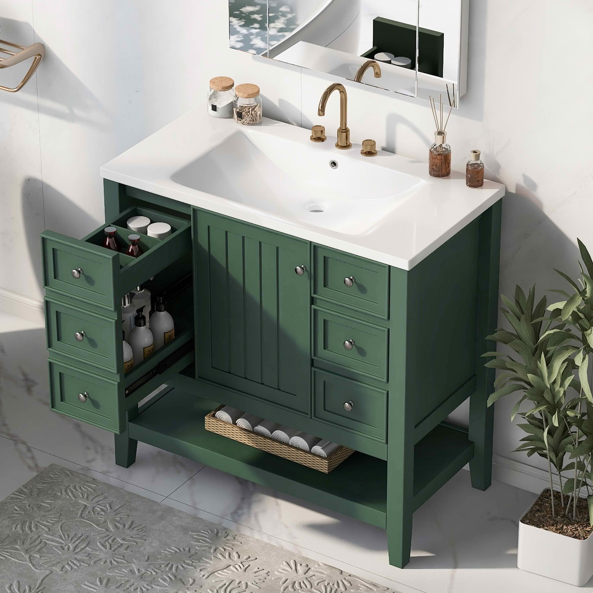 MAYEERTY 36" Bathroom Vanity with Sink 1 Cabinet 3 Drawers Solid Wood MDF Green
