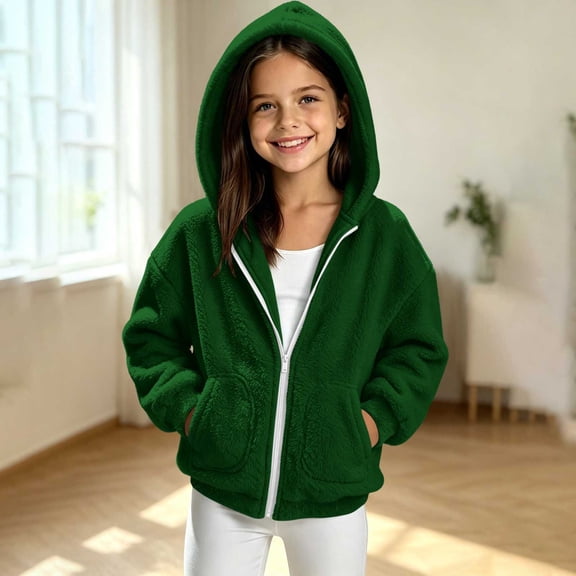 Lutiedan Zip up Sherpa Jacket for Girls Fuzzy Fleece Hooded Warm Outerwear Lightweight Casual Winter Coat with Pockets Size 5-15,Army Green