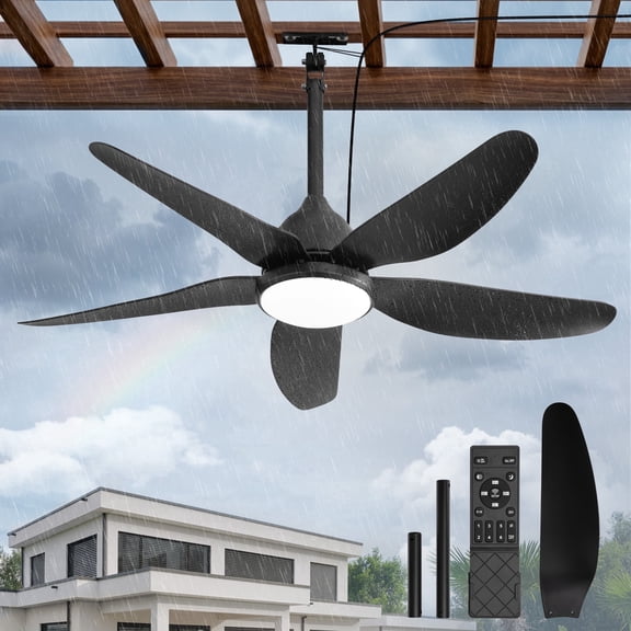 Lokivas 46" Black Waterproof Outdoor Gazebo Ceiling Fan with Light, Quiet 6-Speed DC Motor, IP65 Plug-in Remote Control Hanging Fan for Patio Porch Pergola